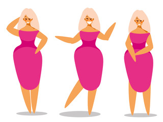 Set of women in elegant dress in different poses. Character for your project. Vector illustration in flat style.