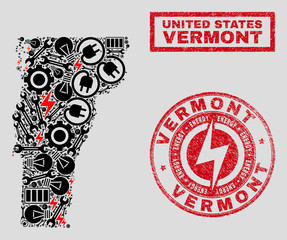 Composition of mosaic power supply Vermont State map and grunge stamp seals. Mosaic vector Vermont State map is created with workshop and energy elements. Black and red colors used.