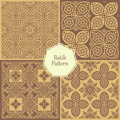 Vector batik abstract floral seamless pattern, ornamental background,   repeat geometric tiles, flower figures, curved lines, grid,   lattice. Elegant monochrome ornament texture. 