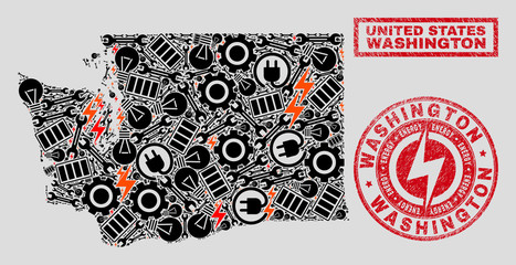 Composition of mosaic power supply Washington State map and grunge stamp seals. Collage vector Washington State map is composed with equipment and innovation icons. Black and red colors used.