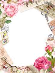 Hand written notes, pink rose flowers, stamps and keys. Vintage card, blank, frame with empty space for your text