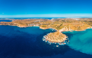 Golden Bay azure beach blue water sea, Malta. Concept travel. Aerial photo
