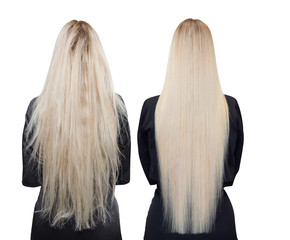Sick, cut and healthy hair care keratin. Before and after treatment. White isolated background