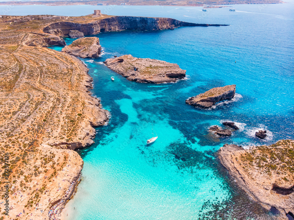 Wall mural panorama beach blue lagoon comino malta. aerial view