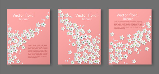 Three paper cut paper banners. Design invitation, advertising, signs, brochures. Place for text. White flowers Forget-me-not on a coral background. Vector.