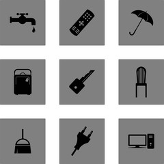 House object black icon set - home appliances symbol bundle - faucet, remote, umbrella, bag, key, chair, broom, computer, pc black icon.- vector