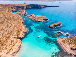 Panorama beach Blue Lagoon Comino Malta. Aerial view