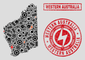 Composition of mosaic power supply Western Australia map and grunge watermarks. Mosaic vector Western Australia map is created with equipment and electric elements. Black and red colors used.