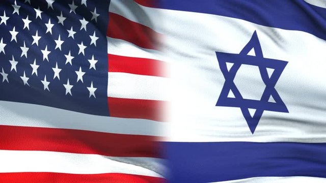 USA and Israel officials exchanging confidential envelope, flags background