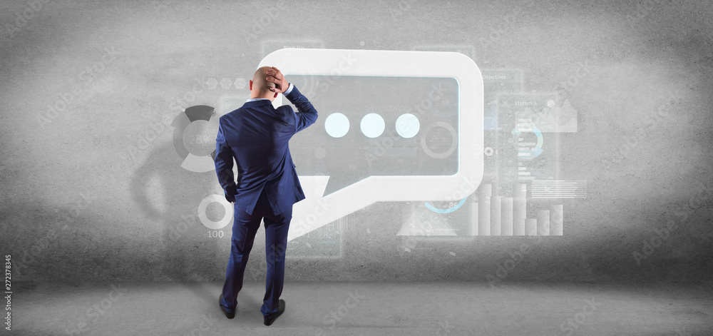 Poster view of a businessman holding a message icon with data in background - 3d rendering