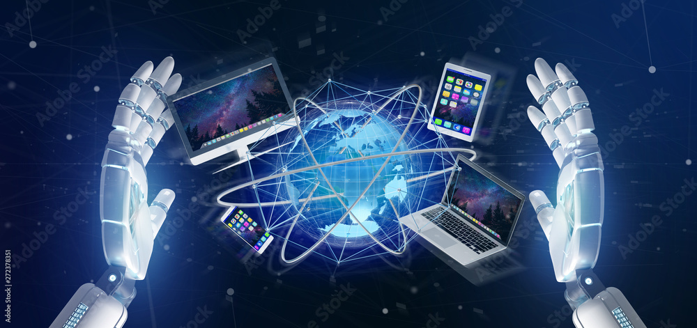 Poster cyborg hand holding a computer and devices displayed on a futuristic interface with international ne