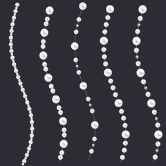 Set of pearl wavy strings isolated on gray background. Vector dividers for decoration, wedding invitation or greeting cards, banners.