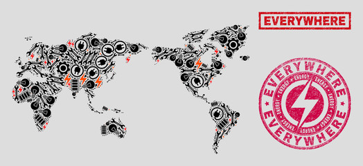 Composition of mosaic power supply world map and grunge seals. Mosaic vector world map is created with repair and lamp symbols. Black and red colors used. Templates for power supply services.