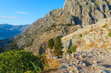 Ruins of ancient fortress walls over Kotor and Bay of Kotor, Montenegro