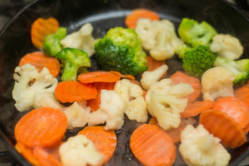 Cooking fried vegetables in a pan. The concept of healthy vegetarian food, diet.