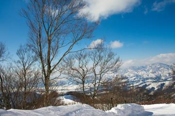 Landscape and Mountain view of Nozawa Onsen in winter , Nagano, Japan.