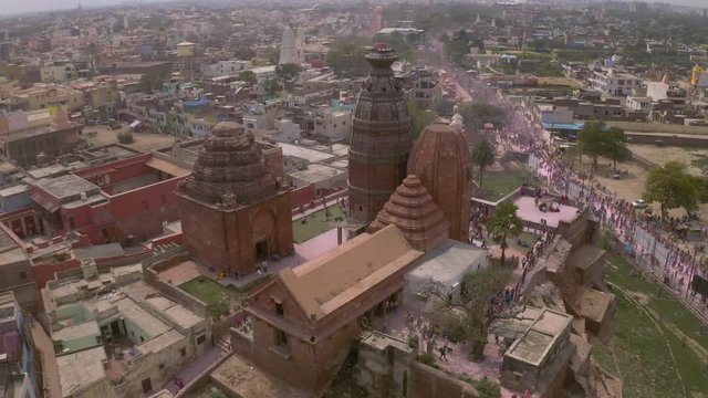 "Madana Mohana" temple in Vrindavan, India, 4k sunrise view aerial during holi festival