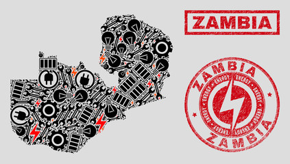 Composition of mosaic power supply Zambia map and grunge stamps. Mosaic vector Zambia map is composed with gear and electric icons. Black and red colors used. Templates for power supply services.