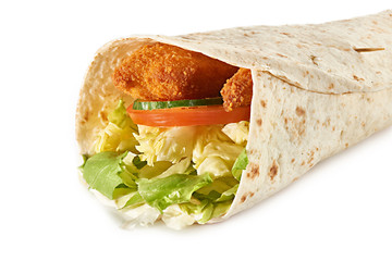Tortilla wrap with fried chicken meat and vegetables isolated on white background