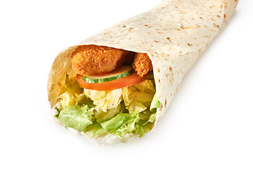 Tortilla wrap with fried chicken meat and vegetables isolated on white background