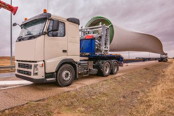 Special transport on the road of the blades of a windmill