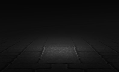 Empty background scene. Dark street reflection on the wet pavement. Rays  neon light in the dark, neon figures, smoke. Night view of the street, the city. Abstract dark background.