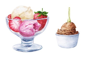 Hand drawn watercolor ice cream in glass, with strawberry, isolated on white background. Yummy summer food illustration.