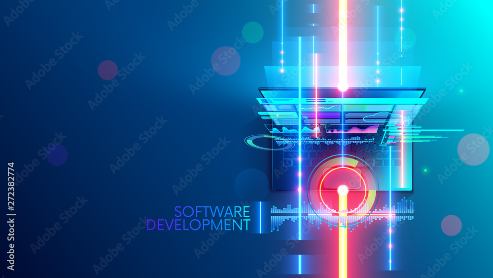 Fototapete Software development conceptual abstract banner, background. Creating computer program, code on laptop. Design interface of website or soft on screen device. Digital technology of internet business.