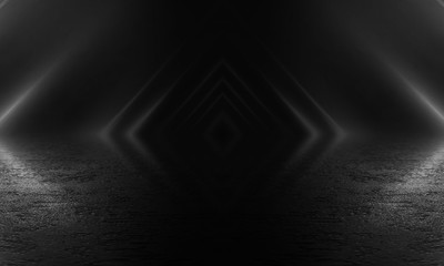 Empty background scene. Dark street reflection on the wet pavement. Rays  neon light in the dark, neon figures, smoke. Night view of the street, the city. Abstract dark background.