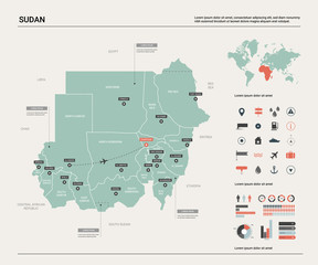 Vector map of Sudan. Country map with division, cities and capital Khartoum. Political map,  world map, infographic elements.