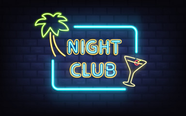 Tropical resort night club, cocktail bar or pub vintage style, retro illumination signboard glowing in darkness with bright, blue neon lights on brick wall background realistic vector illustration