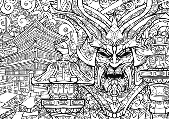 Fototapeta na wymiar Coloring page for adults, sinister samurai mask.
