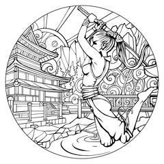 Coloring page for adults, girl samurai in the jump.