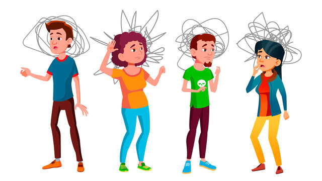Anxiety Group Of Characters Man And Woman Vector. Design Sad And Unhappy Anxiety Young Boy And Girl With Hand Drawn Doodle Above Head. Stress And Depression Flat Cartoon Illustration
