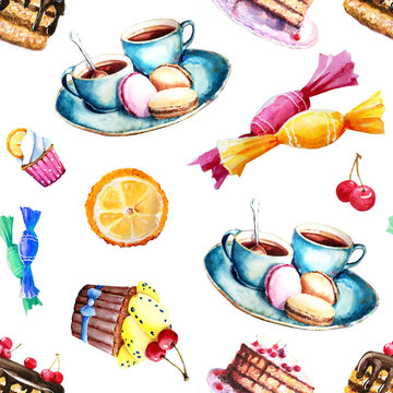 Seamless pattern with the image of sweets - cake, candy, cake, tea. Elements for the design of prints, backgrounds, wallpaper, advertising, menus, packaging