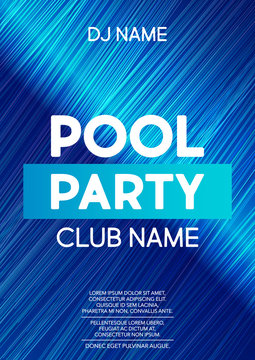 Vertical bright blue pool party background with graphic elements and text. 