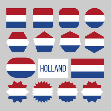 Holland Flag Collection Figure Icons Set Vector. Horizontal Triband Of Red Bright Vermilion, White, And Cobalt Blue On Original National Symbol Of Holland. Design Flat Cartoon Illustration