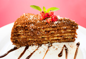 Chocolate cake slice with berries and leaves of mint on a white plate, on a red background. Copy space