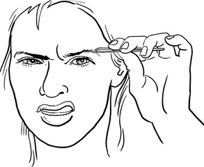 Woman plucks her eyebrows with tweezers