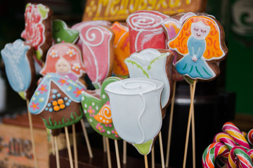 a variety of gingerbread cookies on a stick with images of different versions of drawings in the Park