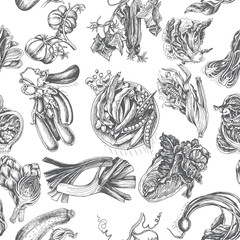 Illustration pattern vegetables - tomato, peas, beans, cabbage, broccoli, onion, lettuce, leek, eggplant, artichoke, vegetables. Background for card menu restaurant. Banner for eco farm shop.
