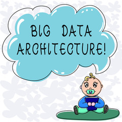 Conceptual hand writing showing Big Data Architecture. Business photo text designed to handle the analysis of too large data Baby Sitting on Rug with Pacifier Book and Cloud Speech Bubble