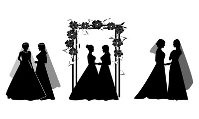 Set of Beautiful lesbian couple in white wedding dresses and flowers ornament. Same-sex family. Gay marriage. For wedding invitation, Save the Date cards, rsvp etc