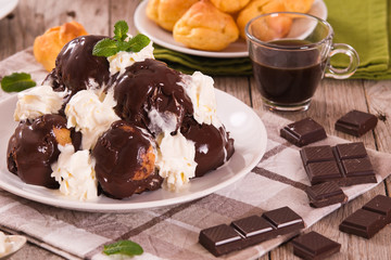 Chocolate profiteroles. 
