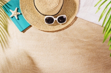 Sandy beach background top view with visible sand texture. Backdrop for mockups and advertising.