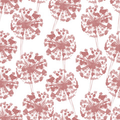 dandelion plant hand-drawn illustration in pink ink on white seamless background, for use in design, paper, textiles, wallpaper, wedding invitations