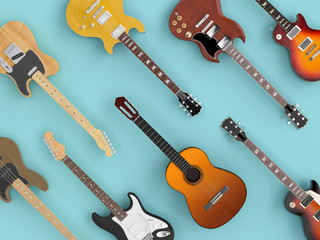 Fototapeta premium Group of differenty guitars seen from above in flat lay style.