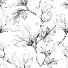 White Magnolia flower and leaves painted with black pencil in vintage graphic style on white seamless background, Wallpaper, textiles, wrapping paper