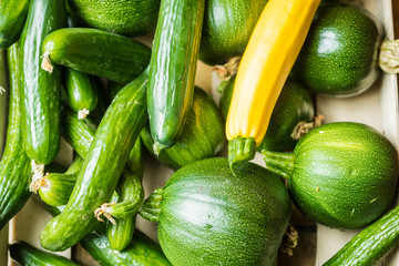 Many green healthy vegetables. Fresh zucchinis with great taste..Beautiful different vegetables varieties for a vegetarian food.