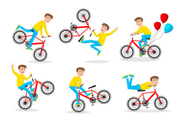 Cute little boy riding bicycle on white background vector. Biker, sport illustration